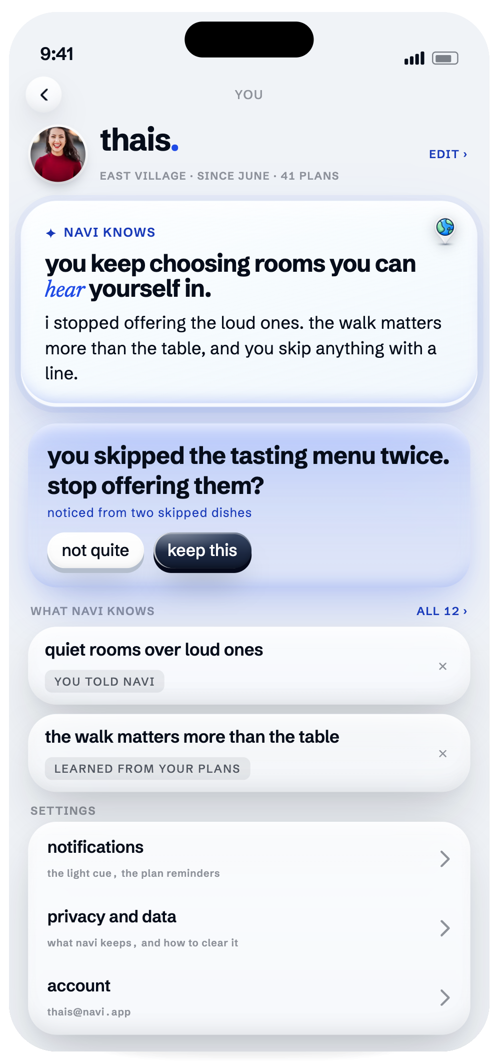 The Navi you screen: what Navi knows, saved memories, and settings