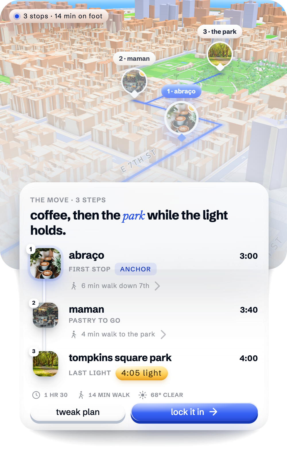 A Navi plan over a 3D map: three stops and the walk between them